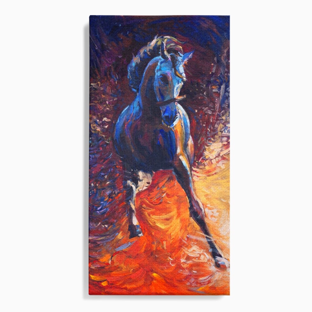 Tablou canvas cu tablou canvas cu un cal albastru in alergare, fara rama, pe sasiu de lemn